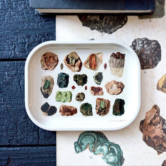 Crystals and Minerals Small Metal Ritual Tray | Vintage Gems Print Rolling Catch-all Tray | 5"x7"