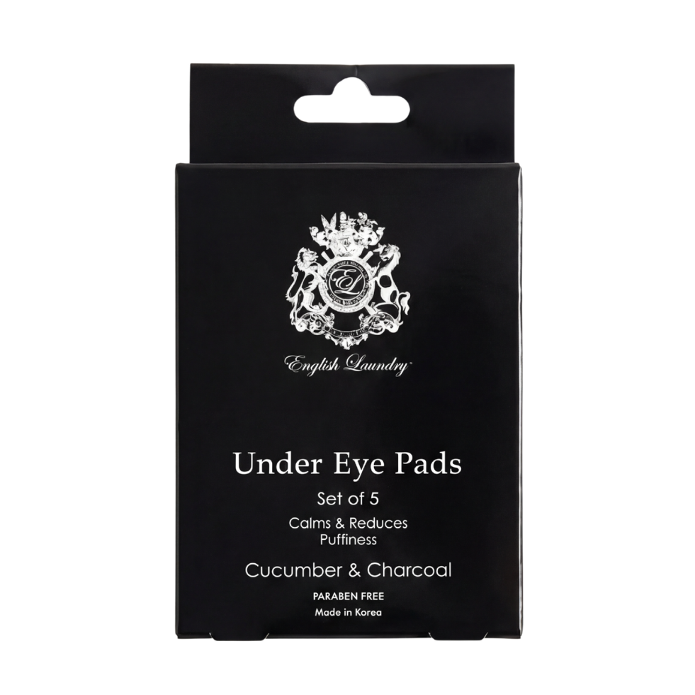 Black packaging of English Laundry under eye pads with brand logo and product details.