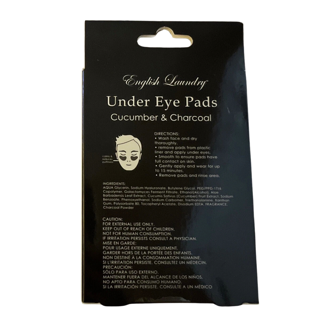 Packaging of English Laundry Under Eye Pads with cucumber and charcoal on a white background