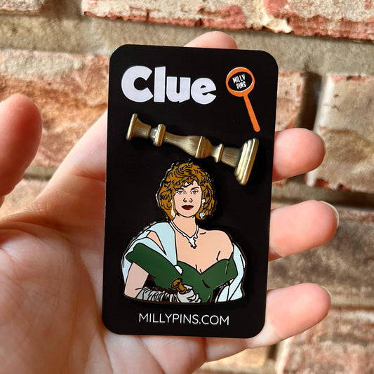 Cult Classic Clue Horror Movie Pin Set – Miss Scarlet & 3D Candlestick | Hard Enamel Collector Brooch
