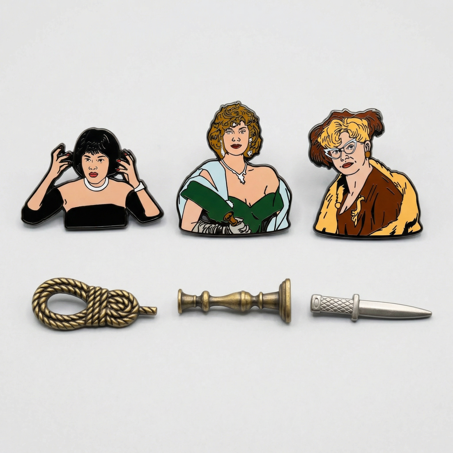 Cult Classic Clue Horror Movie Pin Set – Mrs. Peacock & 3D Knife Hard Enamel Collector Pins