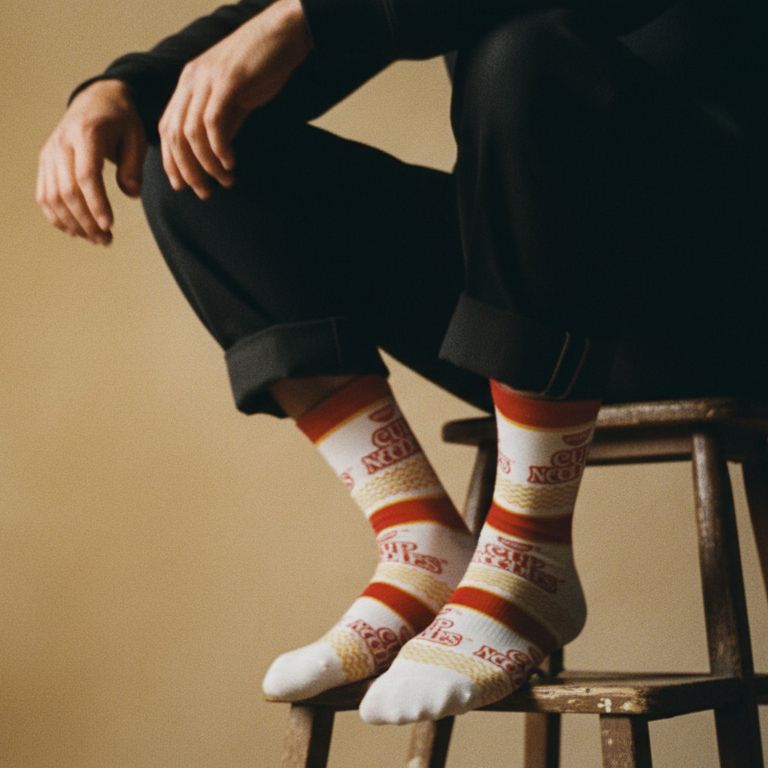 Person wearing striped socks sitting on a stool against a beige background