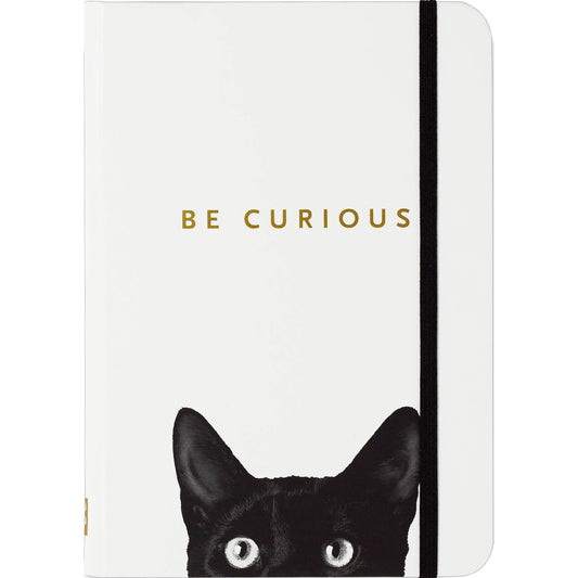 Curious Black Cat Journal in Matte White Cover | Hard Cover Binding Feline Notebook | 5'' x 7''