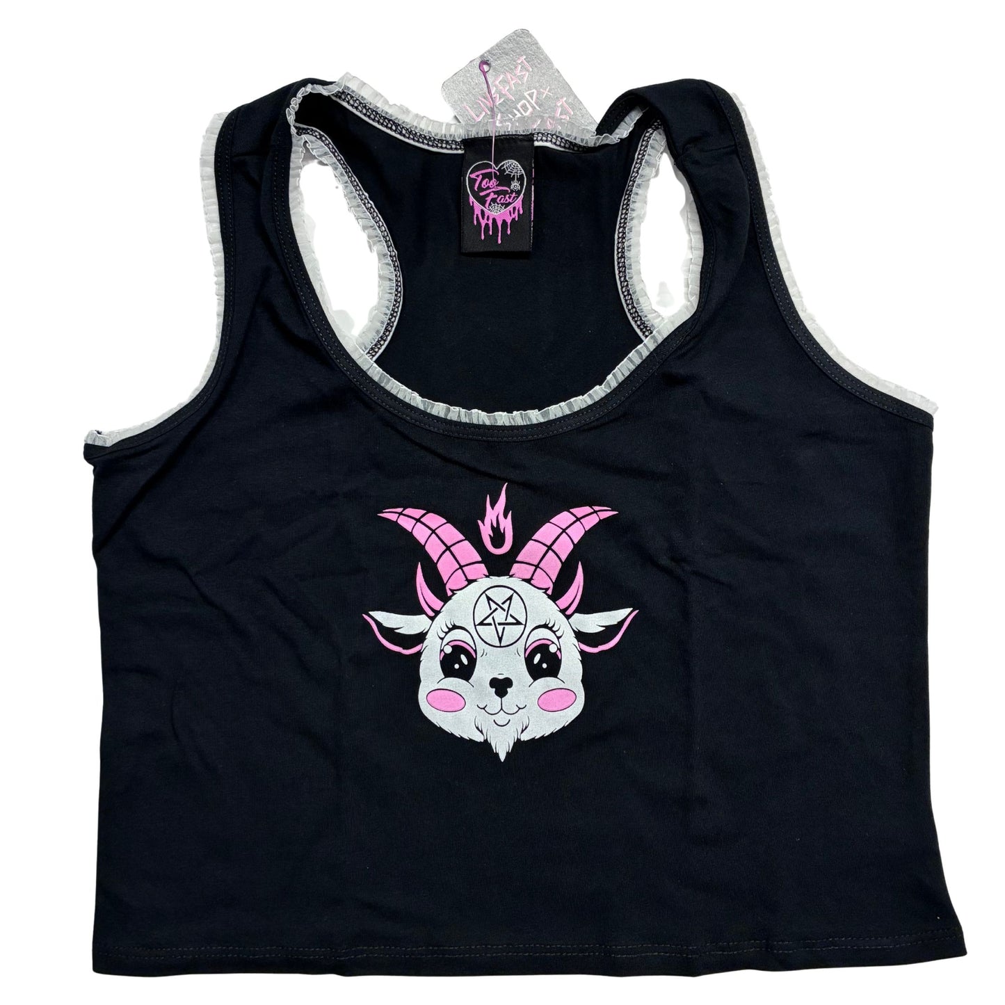 Cute Baby Goat White Lace Crop Cami Tank Top [Size M-XL Remaining] | Occult Crop Top