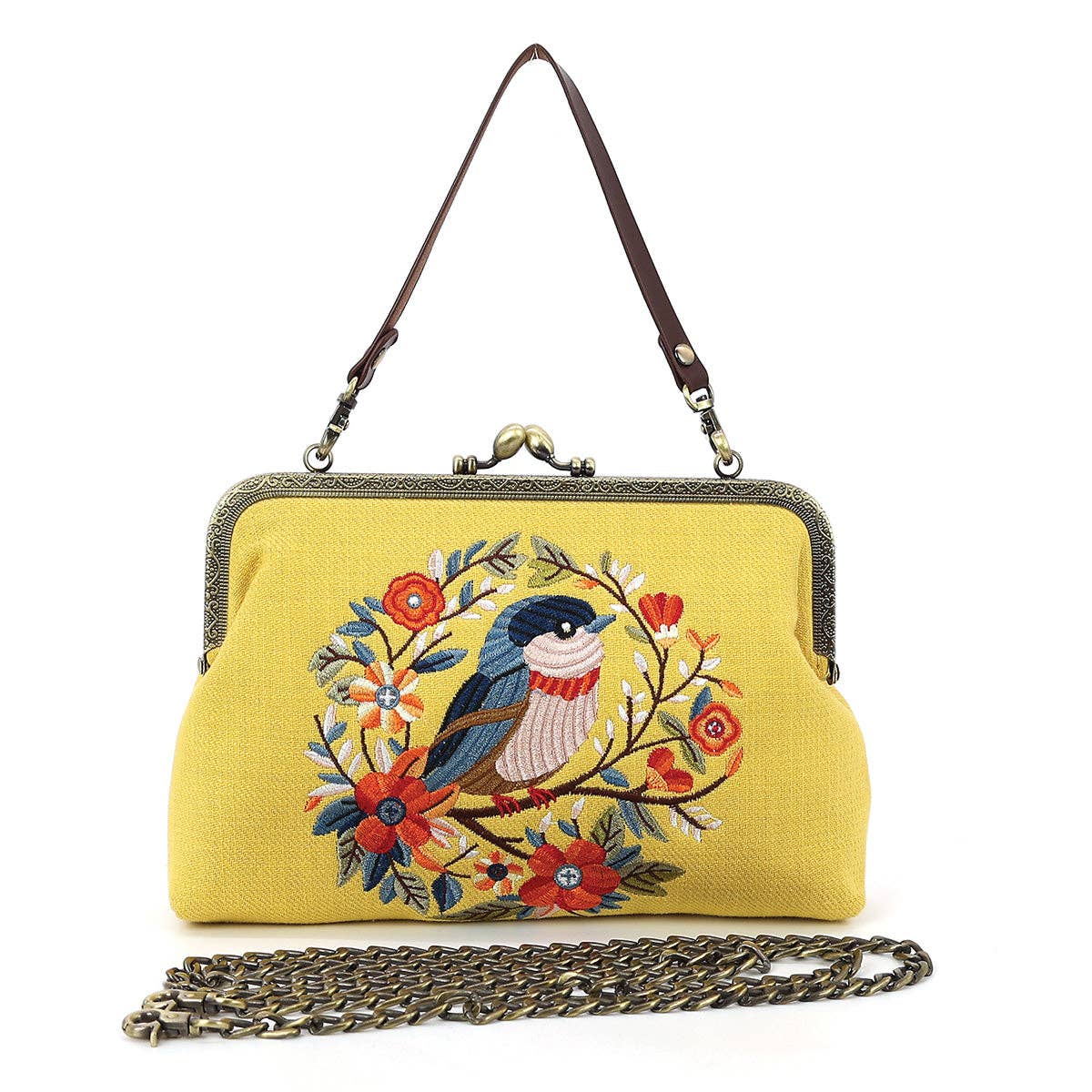 Yellow handbag with floral and bird embroidery