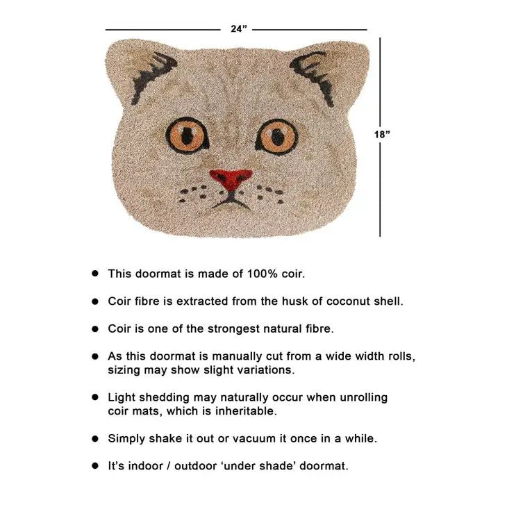 Cute Cat Face Doormat in Natural Coir | Outdoor Rug 24" x 18"