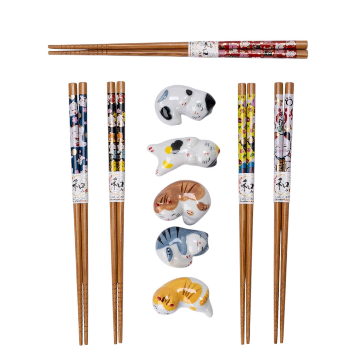 Cute Cats Bamboo Chopsticks and Ceramic Rests Gift Set | 5 Pairs