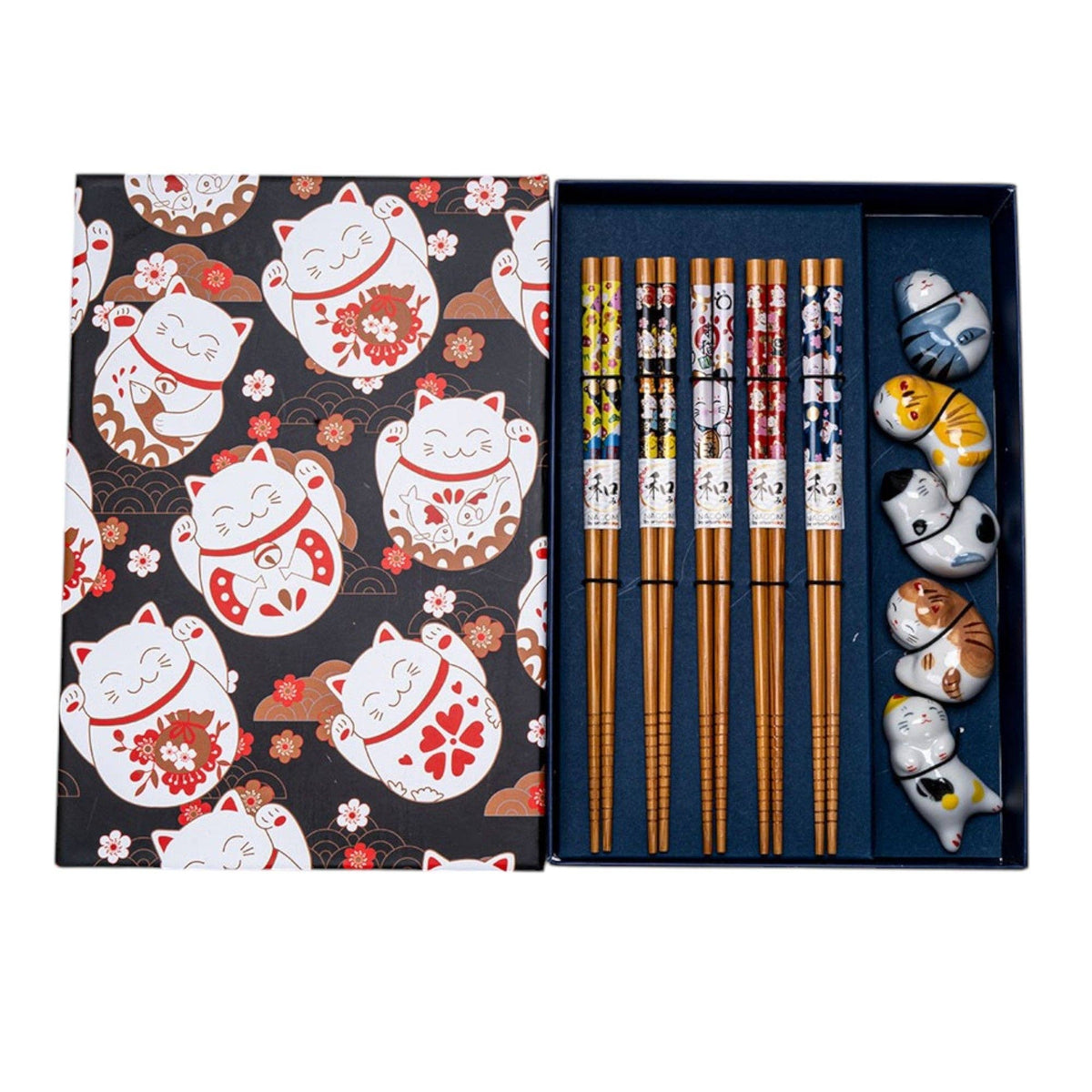 Set of chopsticks with decorative packaging featuring cat illustrations