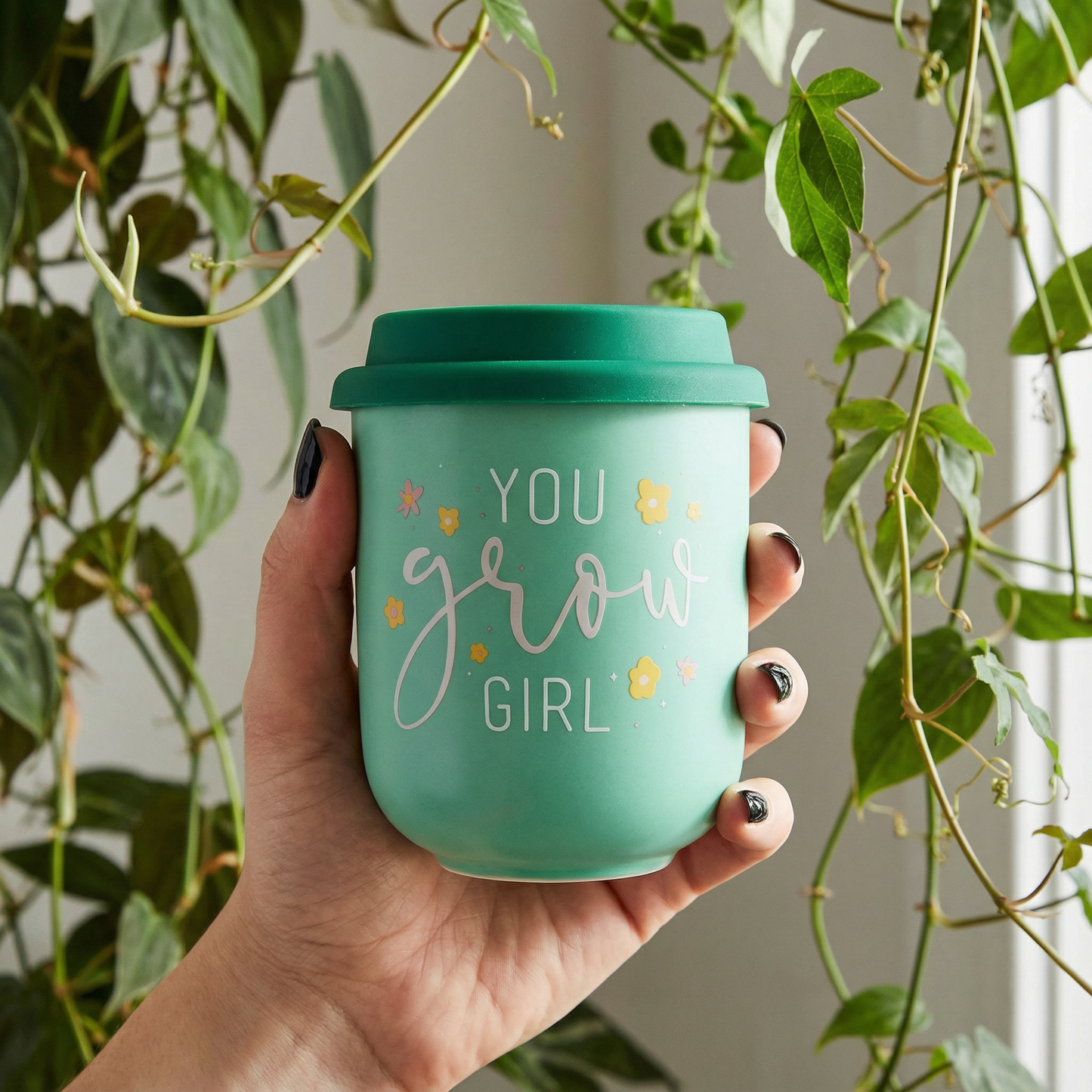Cute Ceramic To Go Mugs with Silicone Lids | Plant Lover Gift