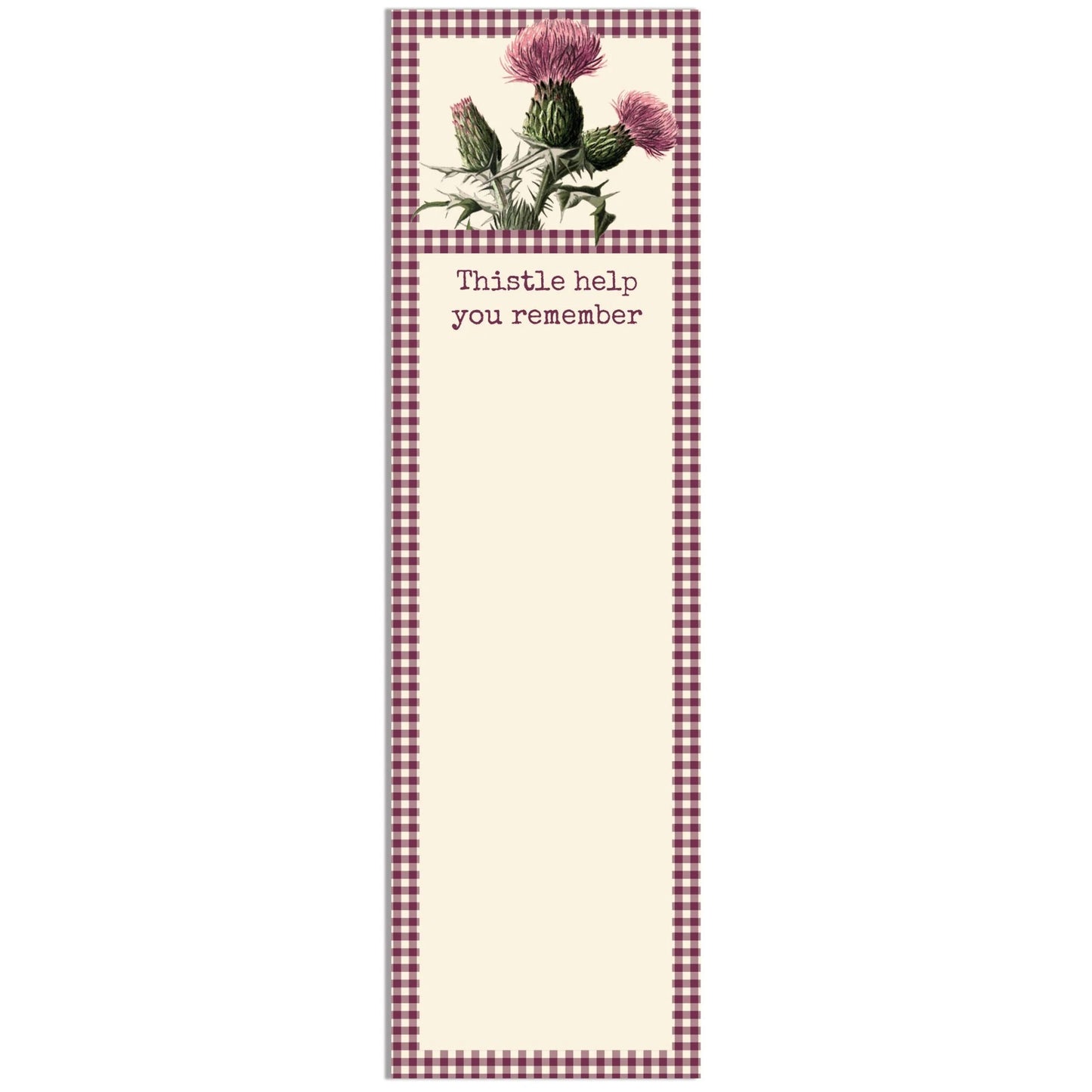Notepad with thistle design and text on a white background