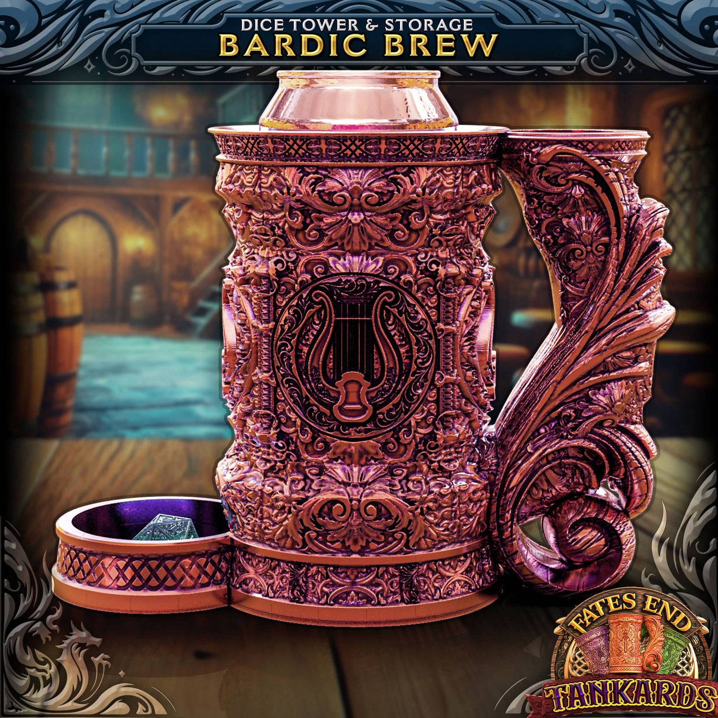 Decorative dice tower and storage container with intricate designs, labeled 'Bardic Brew', on a fantasy-themed background.