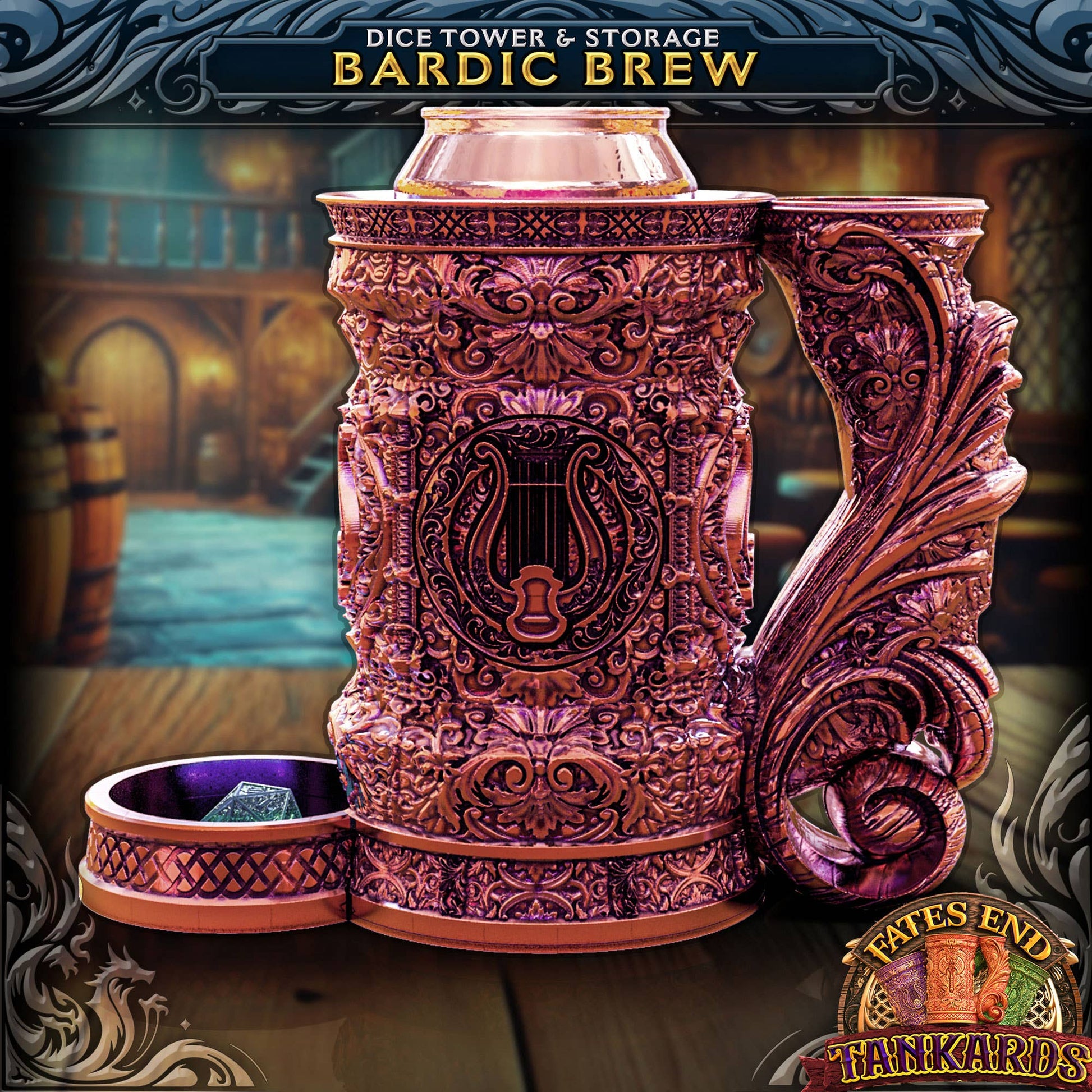 Decorative dice tower and storage container with intricate designs, labeled 'Bardic Brew', on a fantasy-themed background.
