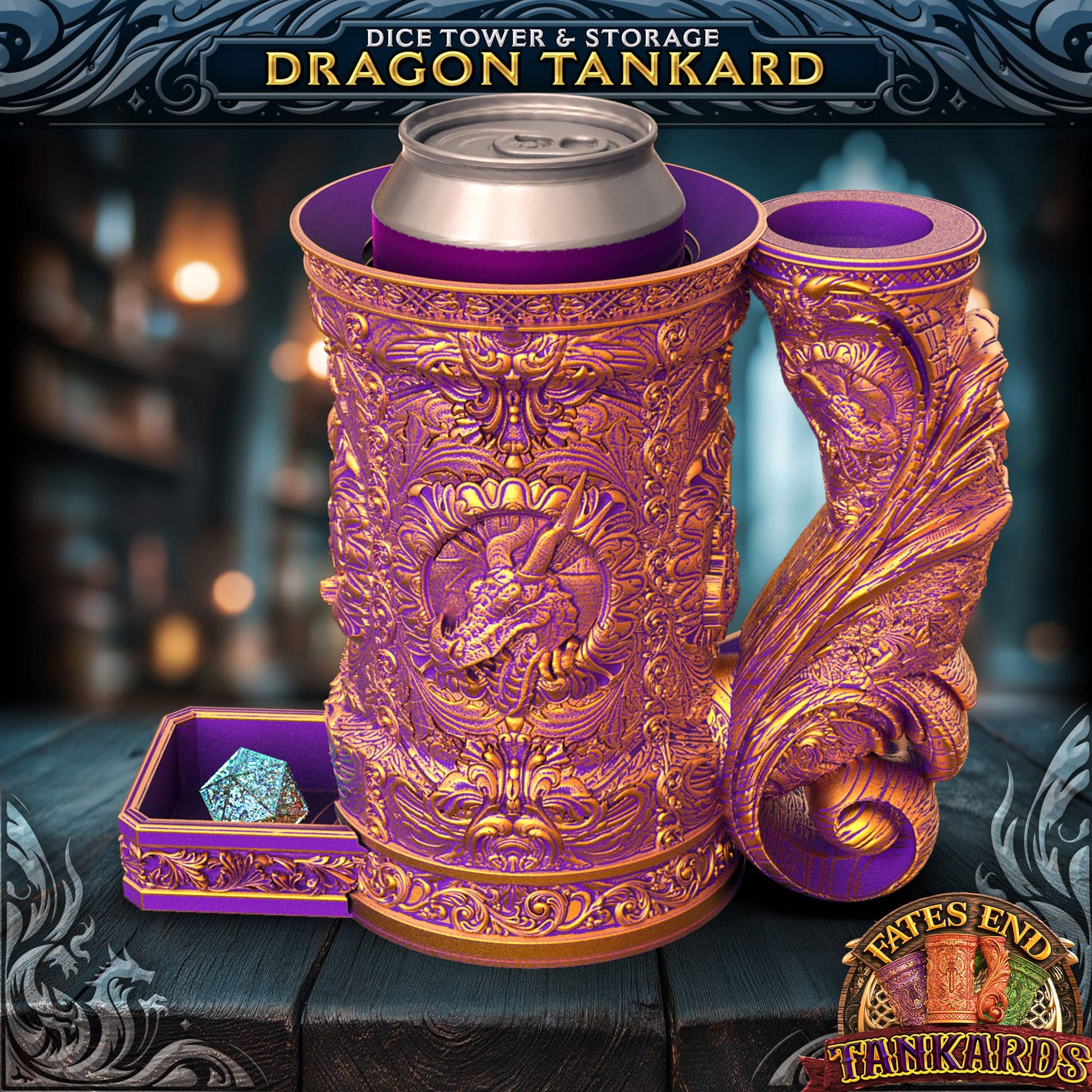 Decorative dragon tankard with can holder and dice tower on a dark background