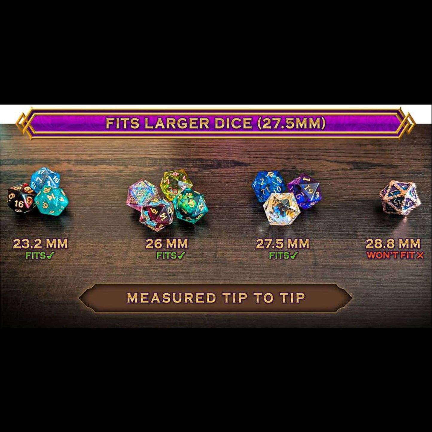 Set of dice with measurements on a wooden surface