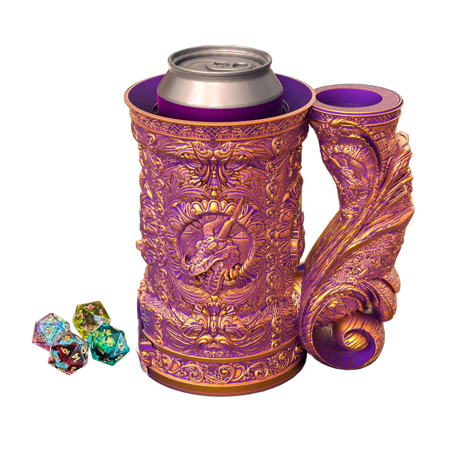 Decorative purple and gold mug with a dragon design, can holder, and dice on a white background