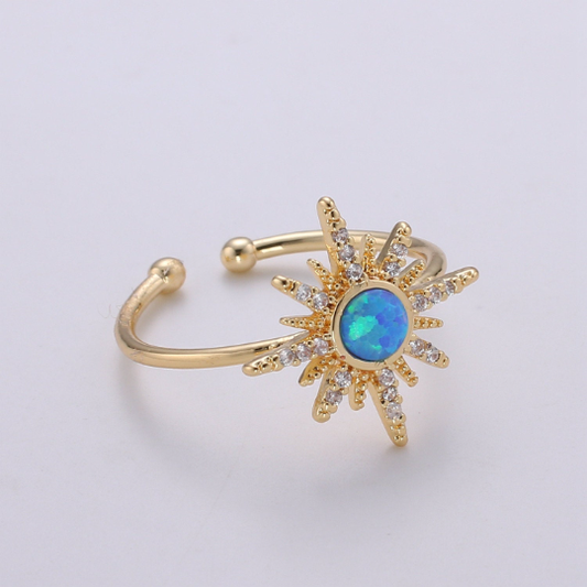 Dainty Gold Sun & Moon Blue Opal Adjustable Ring | Celestial Sterling Silver Ring