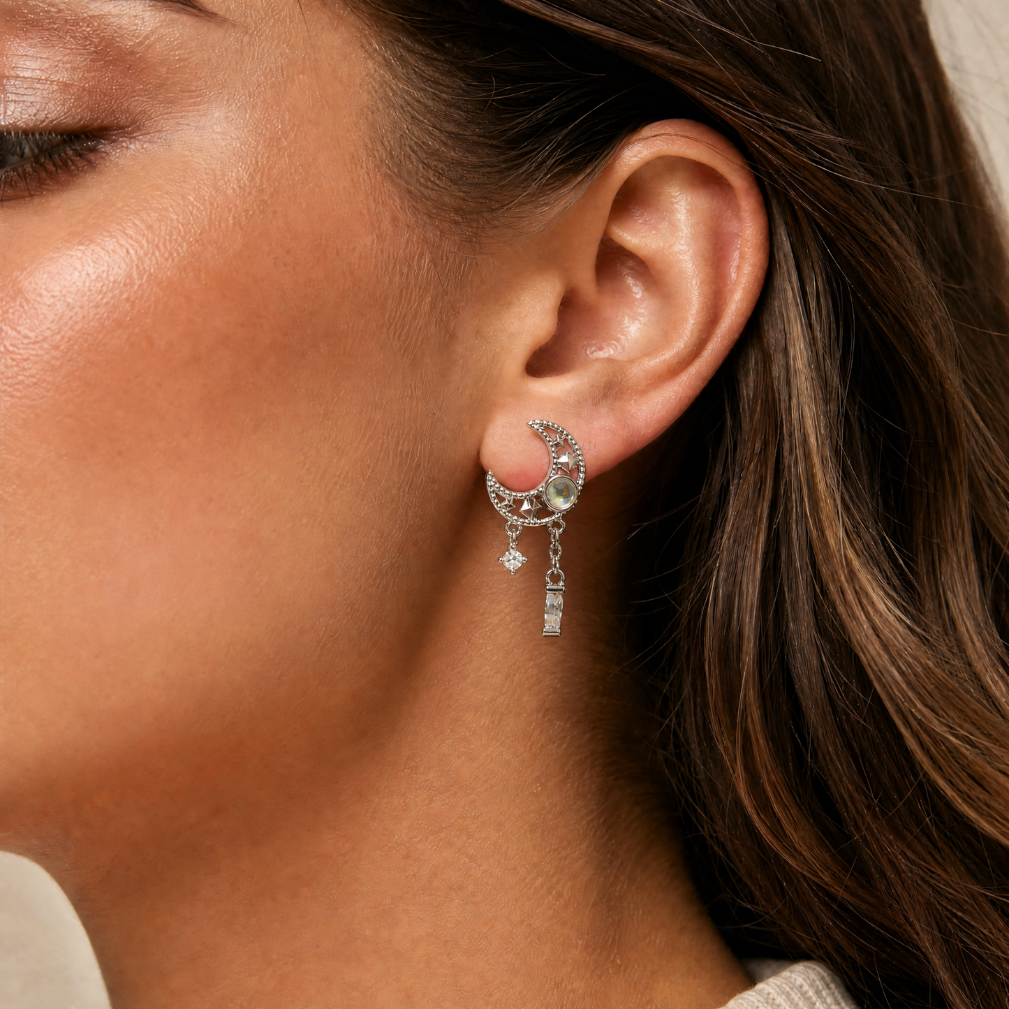 Dainty Witch Moon Earrings | Silver Crescent Moons with Sky Blue Jewels & Dangles | 1.2" Post-Paper & Quartz-The Bullish Store