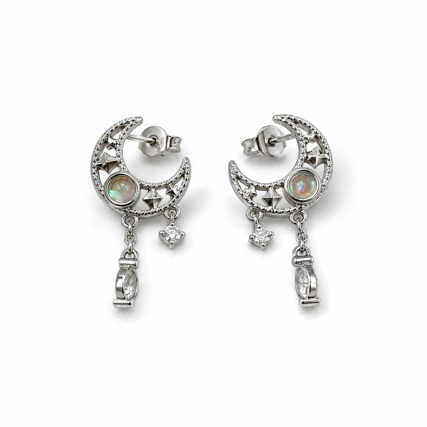 Dainty Witch Moon Earrings | Silver Crescent Moons with Sky Blue Jewels & Dangles | 1.2" Post-Paper & Quartz-The Bullish Store
