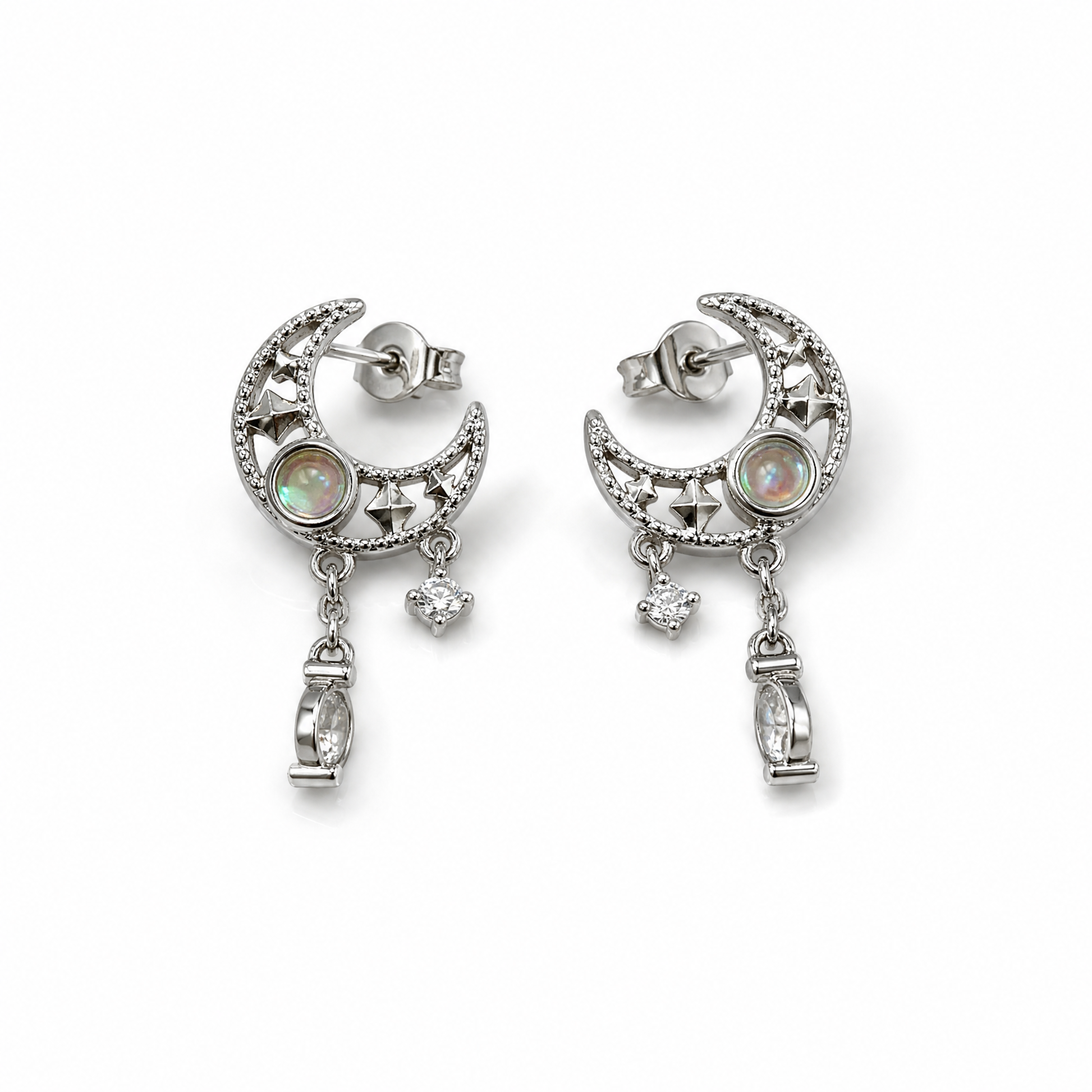 Dainty Witch Moon Earrings | Silver Crescent Moons with Sky Blue Jewels & Dangles | 1.2" Post-Paper & Quartz-The Bullish Store