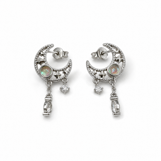 Dainty Witch Moon Earrings | Silver Crescent Moons with Sky Blue Jewels & Dangles | 1.2" Post-Paper & Quartz-The Bullish Store