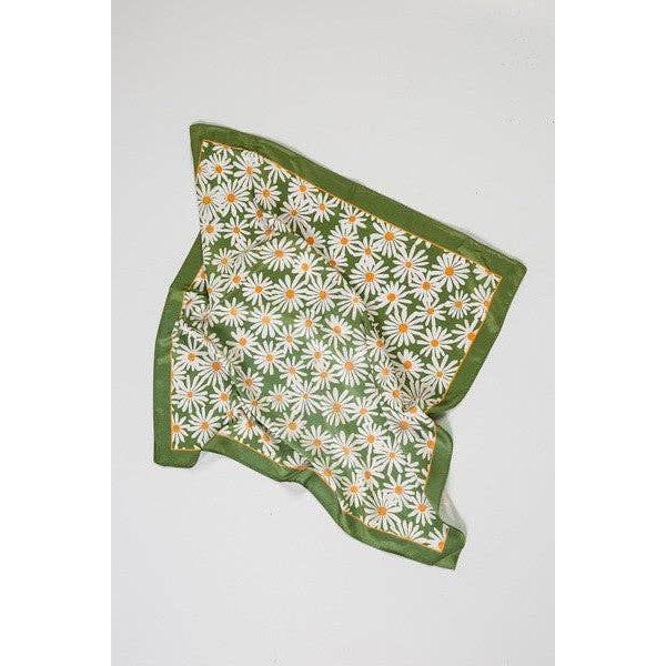 Daisies Flower Silky Feel Bandana Scarf in Green | 21.7" Square Neck Scarf