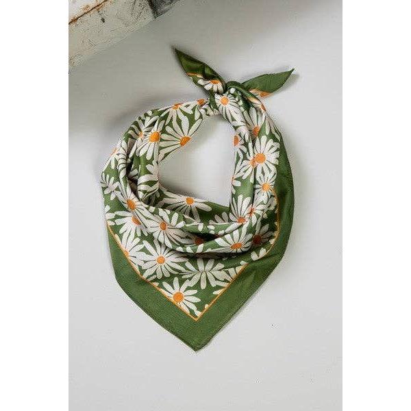 Daisies Flower Silky Feel Bandana Scarf in Green | 21.7" Square Neck Scarf