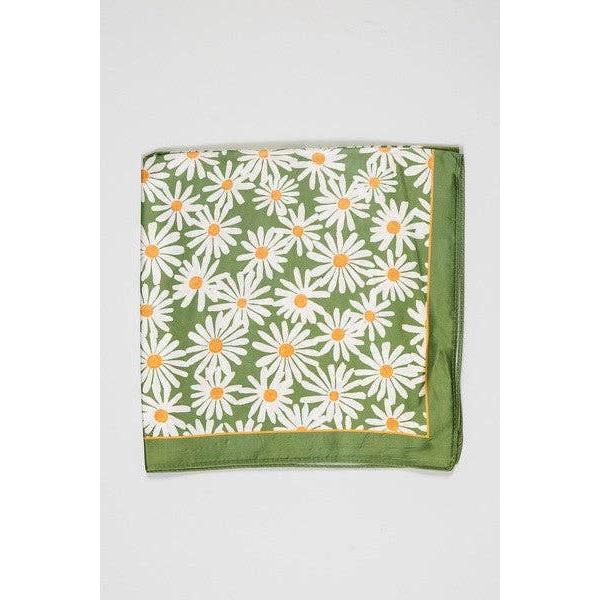 Daisies Flower Silky Feel Bandana Scarf in Green | 21.7" Square Neck Scarf