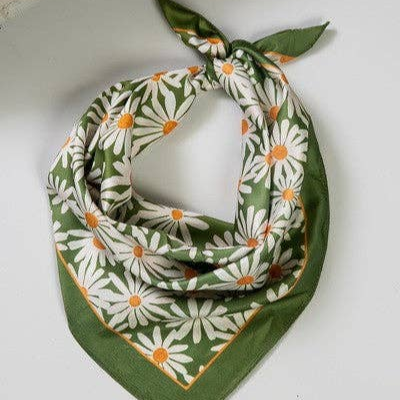 Daisies Flower Silky Feel Bandana Scarf in Green | 21.7" Square Neck Scarf
