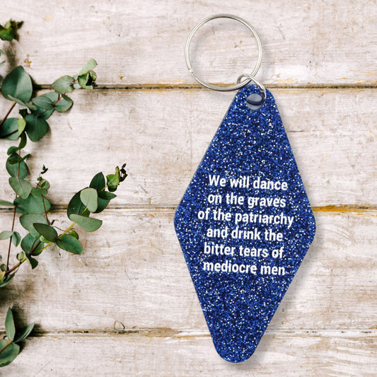Dance on the Graves of the Patriarchy Feminist Motel Style Key Tag Keychain in Midnight Blue Glitter