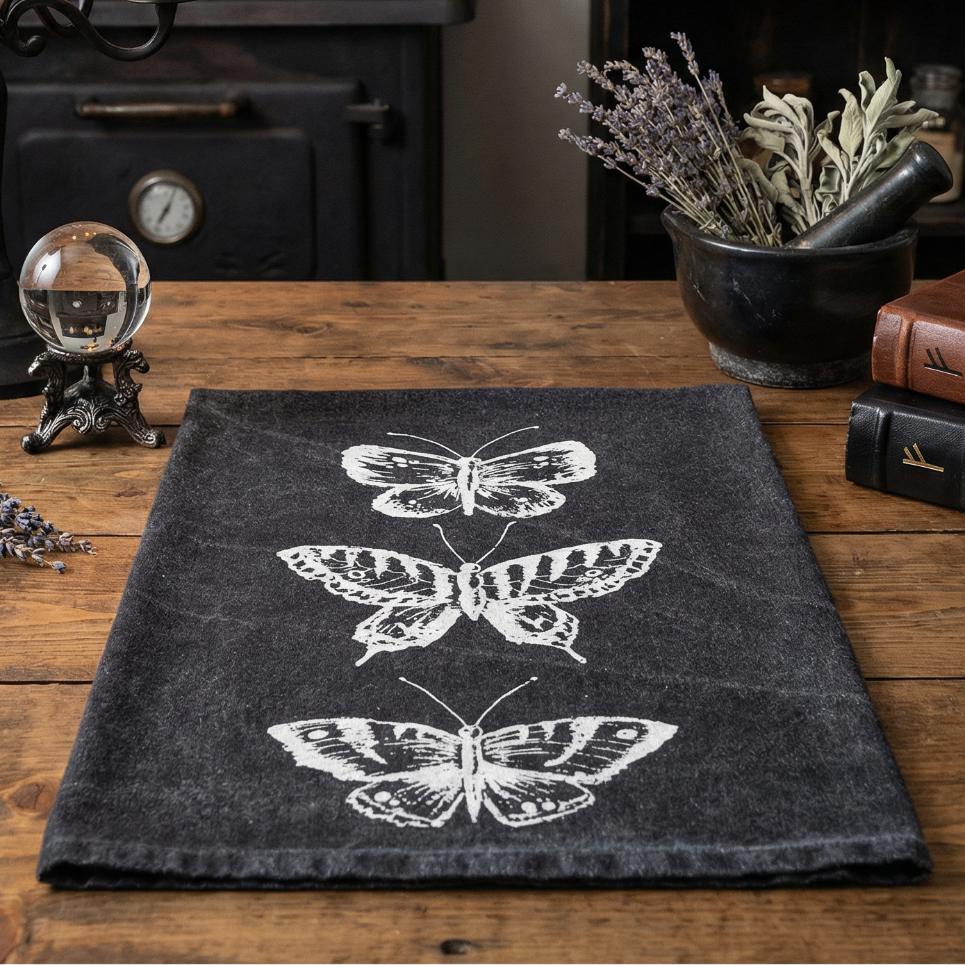 Dark Butterflies Kitchen Towel | Cotton Tea Hand Dish Cloth Black Stonewashed | 28" x 28"