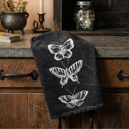 Dark Butterflies Kitchen Towel | Cotton Tea Hand Dish Cloth Black Stonewashed | 28" x 28"