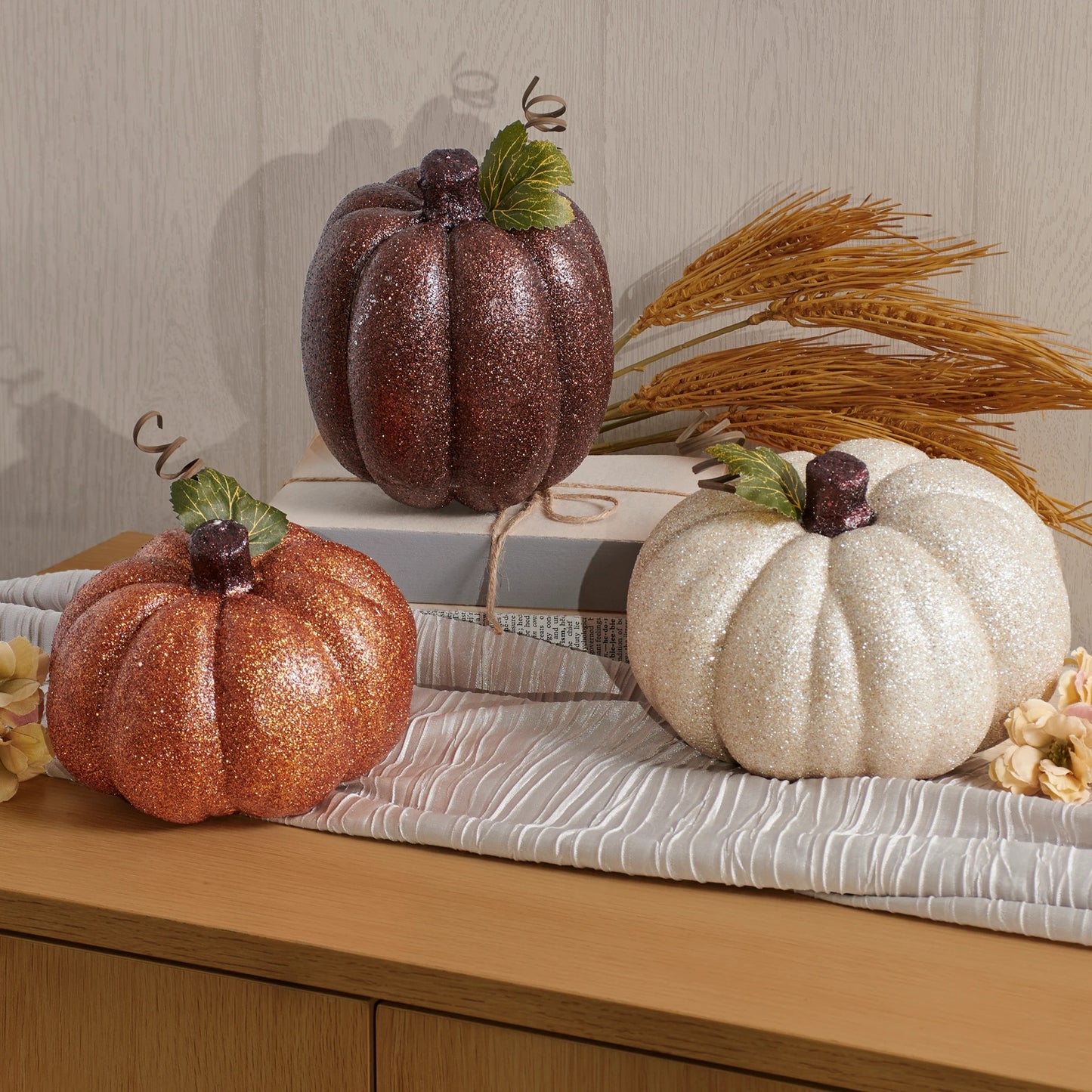 Dark Orange Glitter Pumpkin Display | Seasonal Home Decor | 6"  x 4"