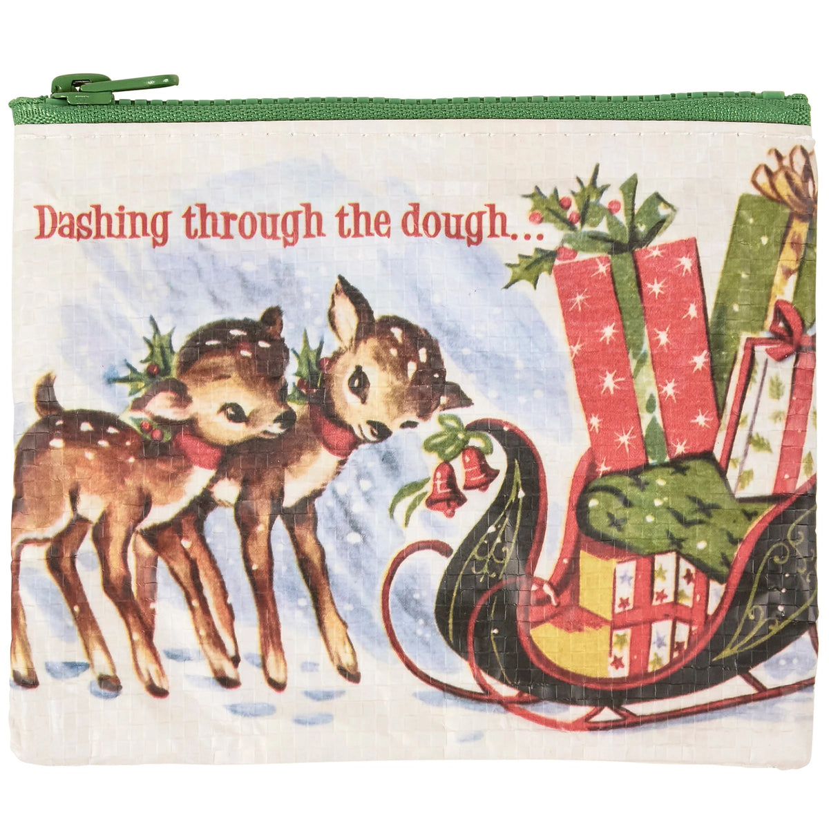 Dashing Through The Dough Zipper Wallet | Eco-friendly Retro Art of Reindeer and Santa's Sleigh Coin Purse Pouch-Primitives by Kathy-The Bullish Store