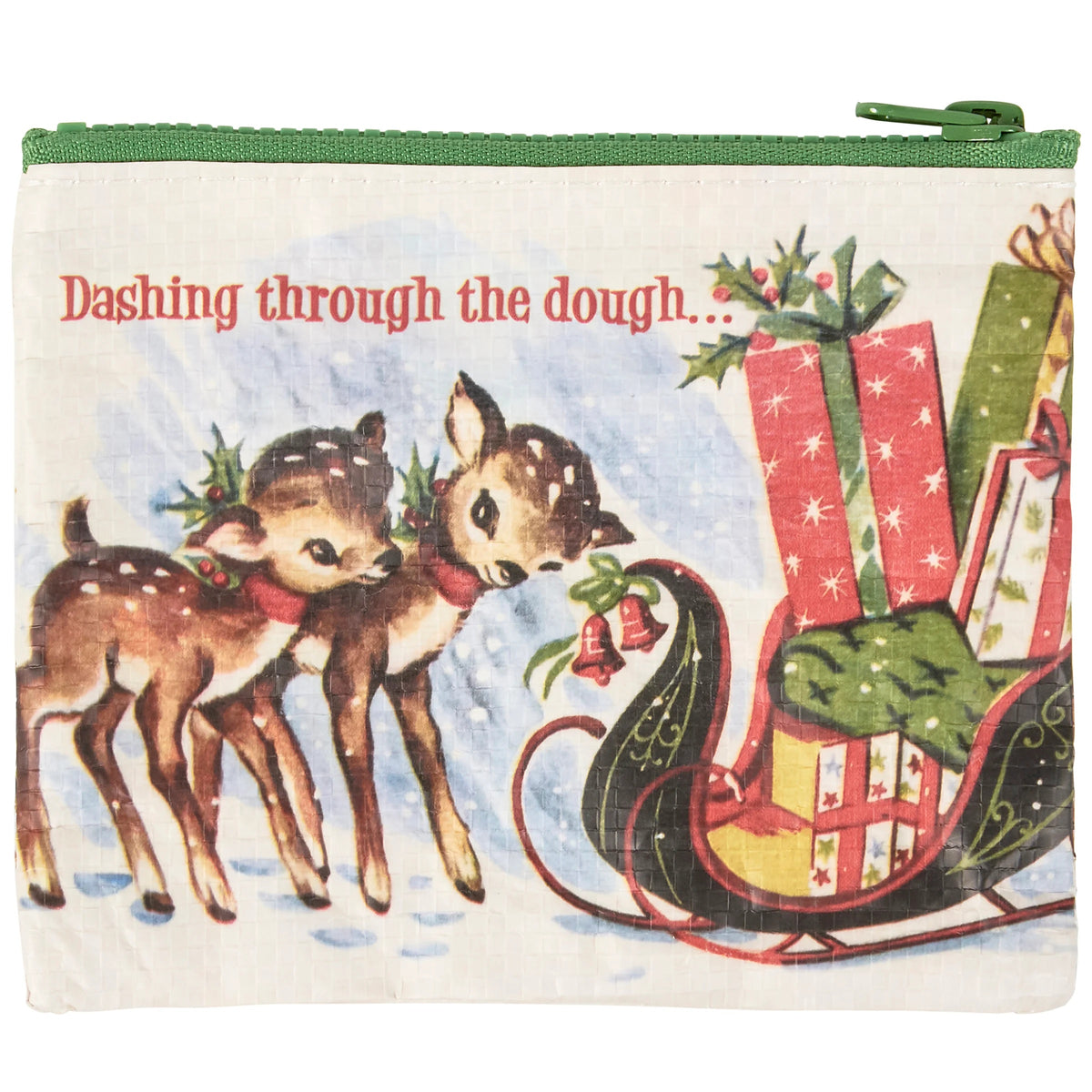 Dashing Through The Dough Zipper Wallet | Eco-friendly Retro Art of Reindeer and Santa's Sleigh Coin Purse Pouch-Primitives by Kathy-The Bullish Store