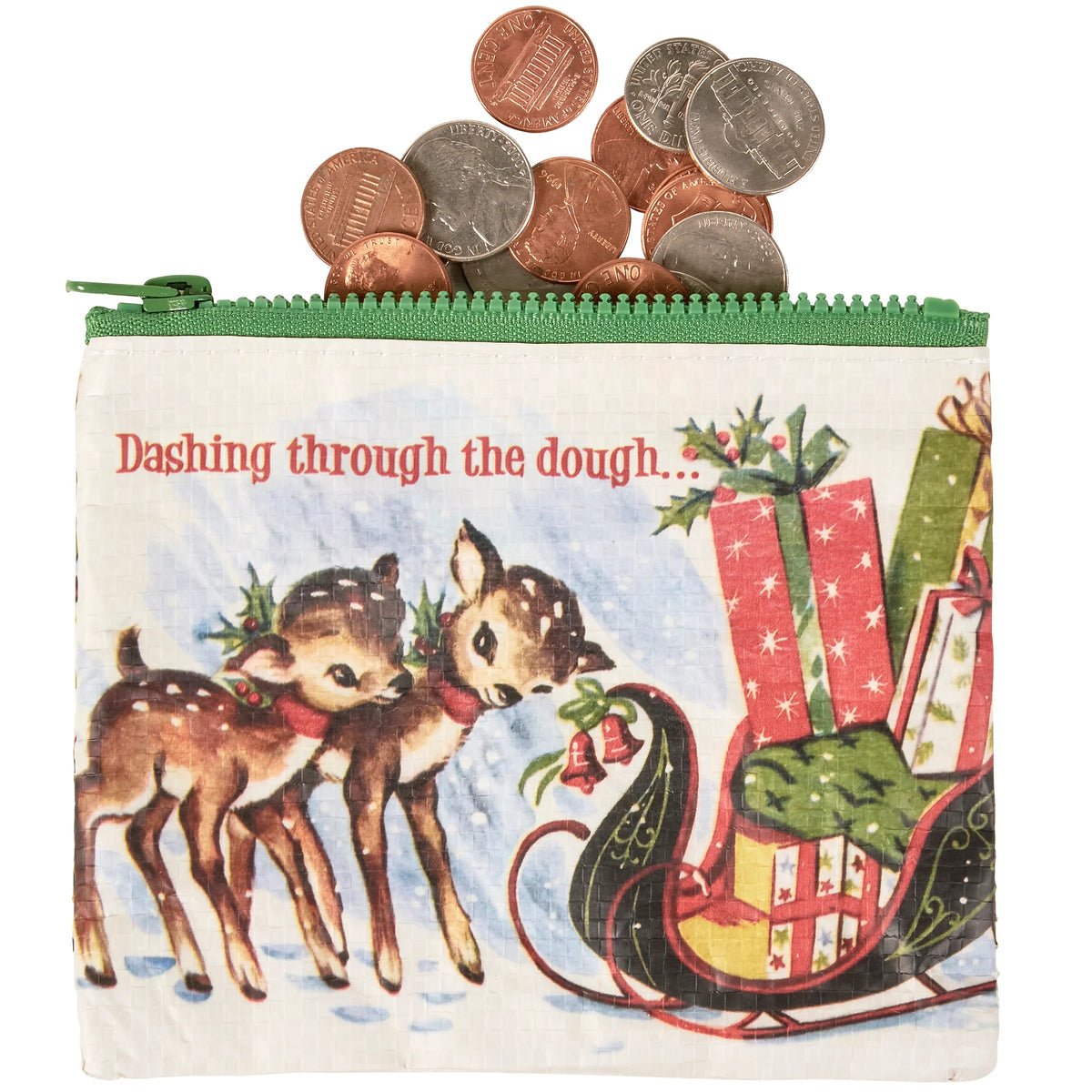 Dashing Through The Dough Zipper Wallet | Eco-friendly Retro Art of Reindeer and Santa's Sleigh Coin Purse Pouch-Primitives by Kathy-The Bullish Store