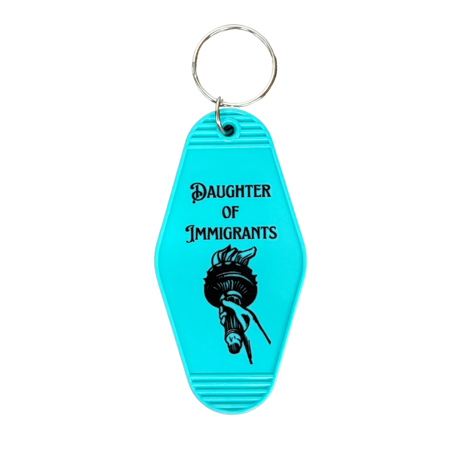 Turquoise keychain with 'Daughter of Immigrants' text and Statue of Liberty graphic on a white background