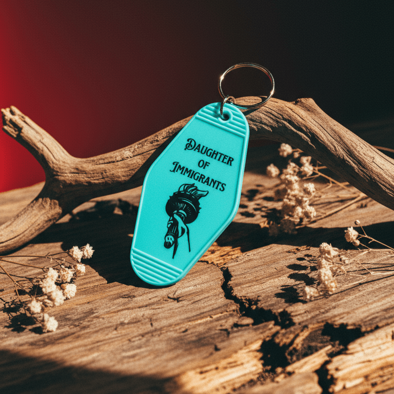 Teal keychain with 'Daughter of Immigrants' text on a wooden surface with dried flowers.