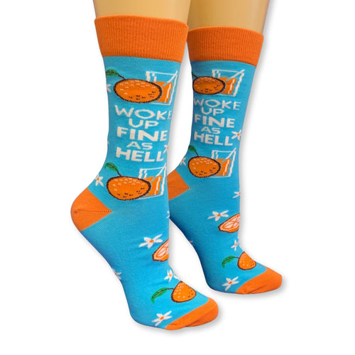 Deal of the Day: Woke Up Fine As Hell Socks in Blue | Orange Juice Illustration | Gift for Her