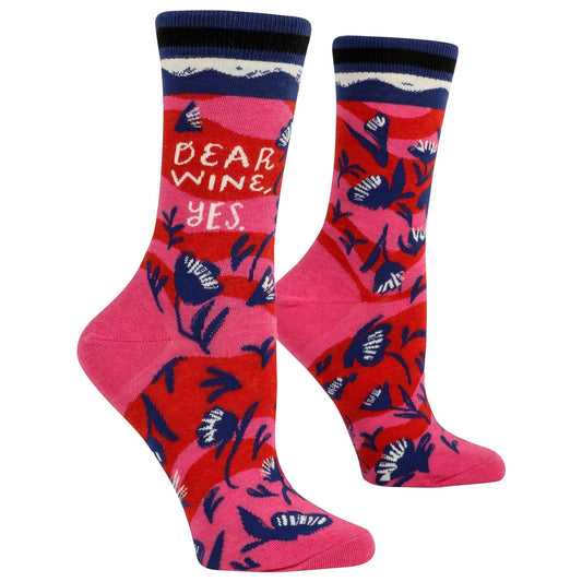 Dear Wine, Yes Women's Crew Socks in Pink and Red | BlueQ at GetBullish