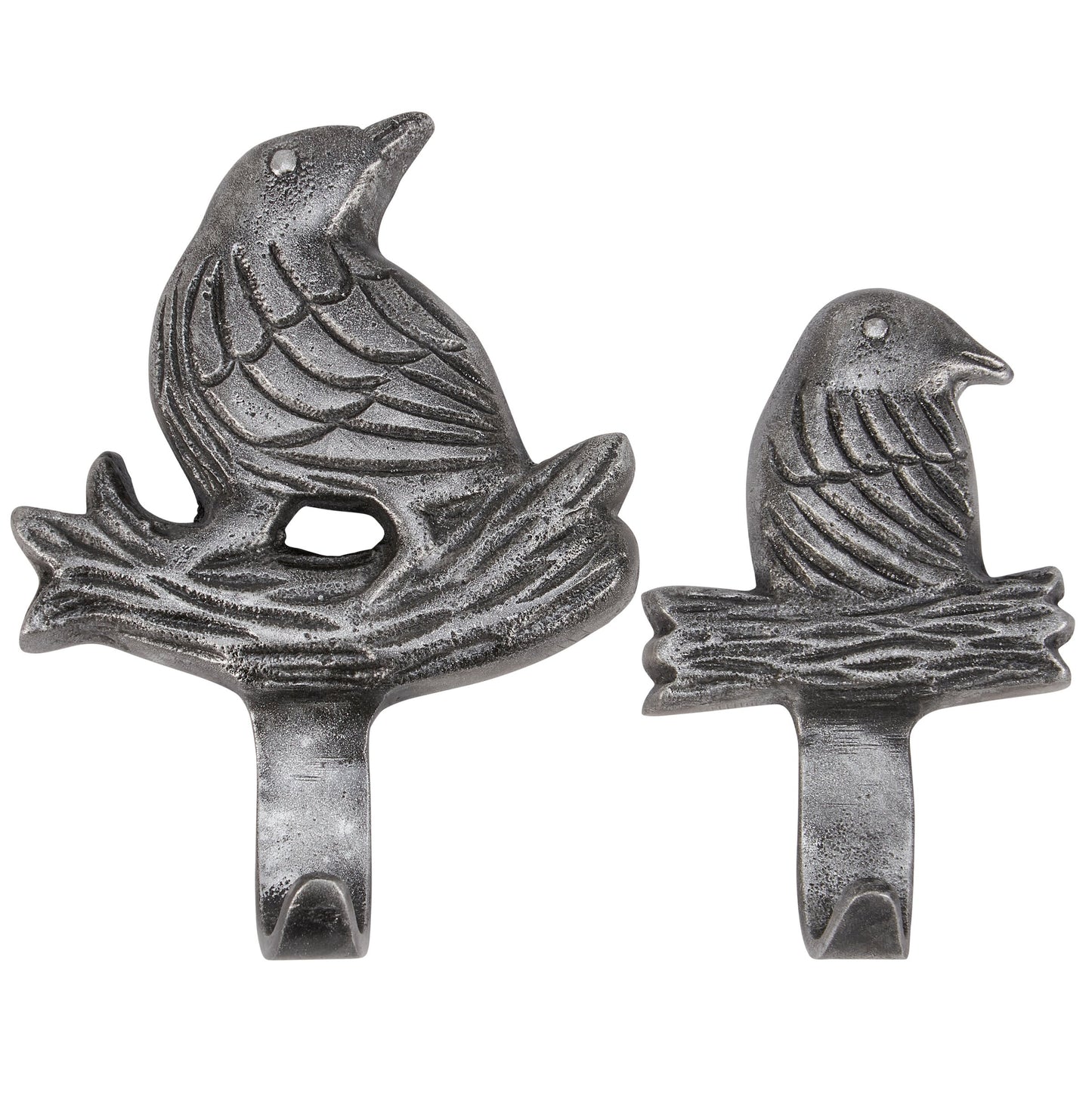 Two metal bird-shaped wall hooks on a white background