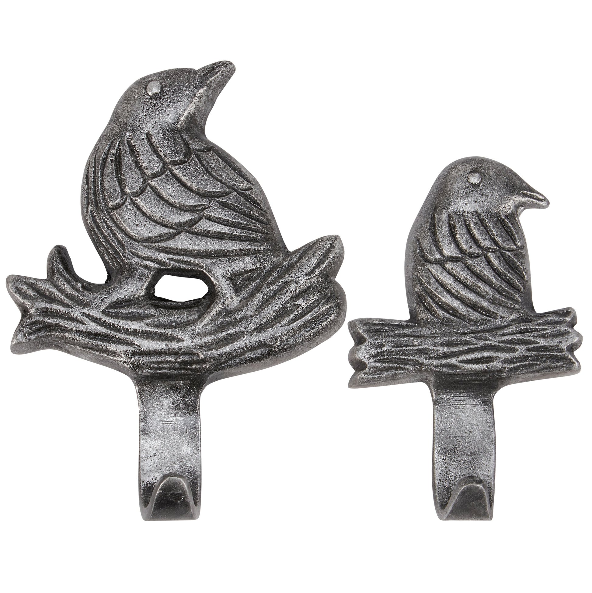 Two metal bird-shaped wall hooks on a white background