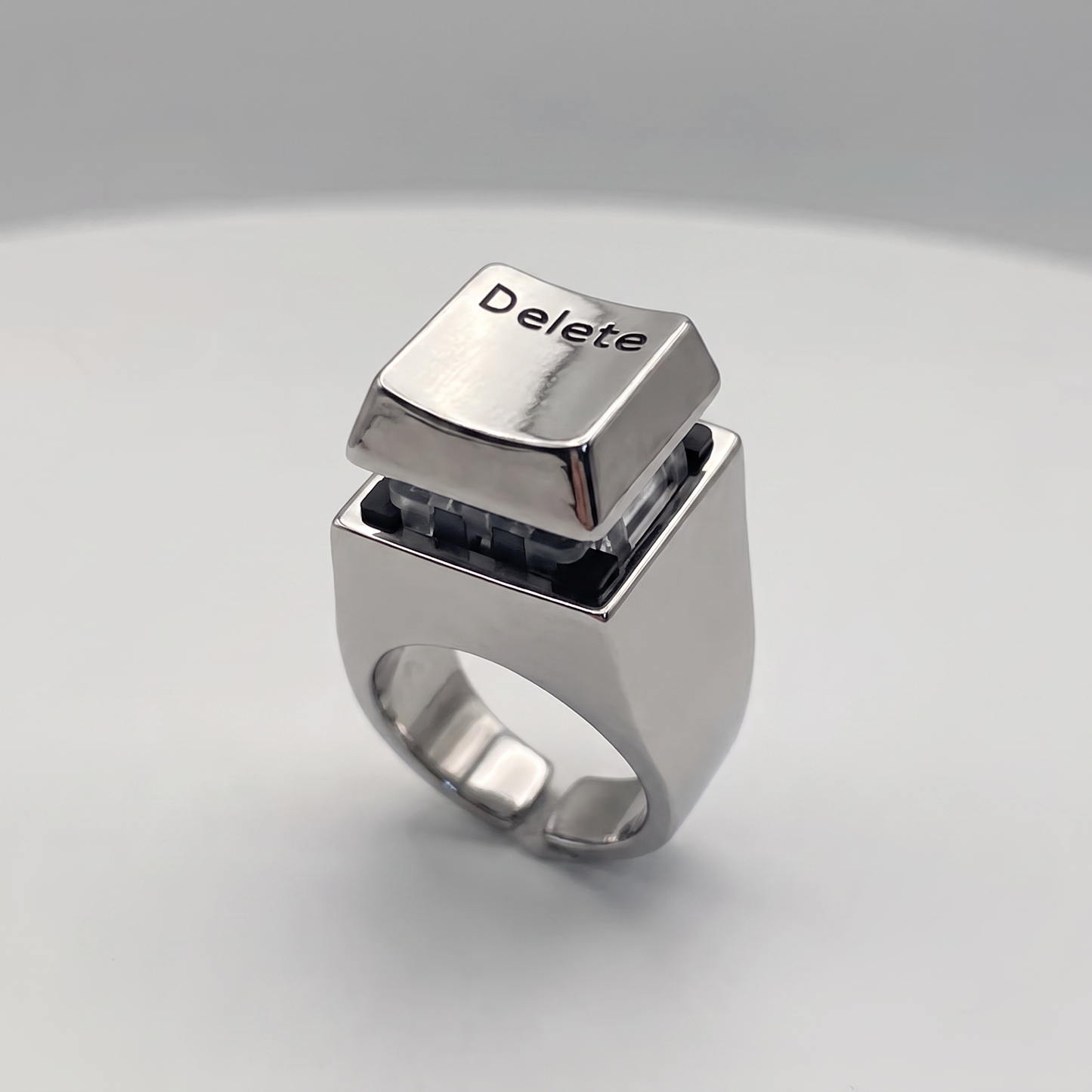 Delete Key Oversize Statement Ring | Burnished Silver | Size 8 | Pressable Button