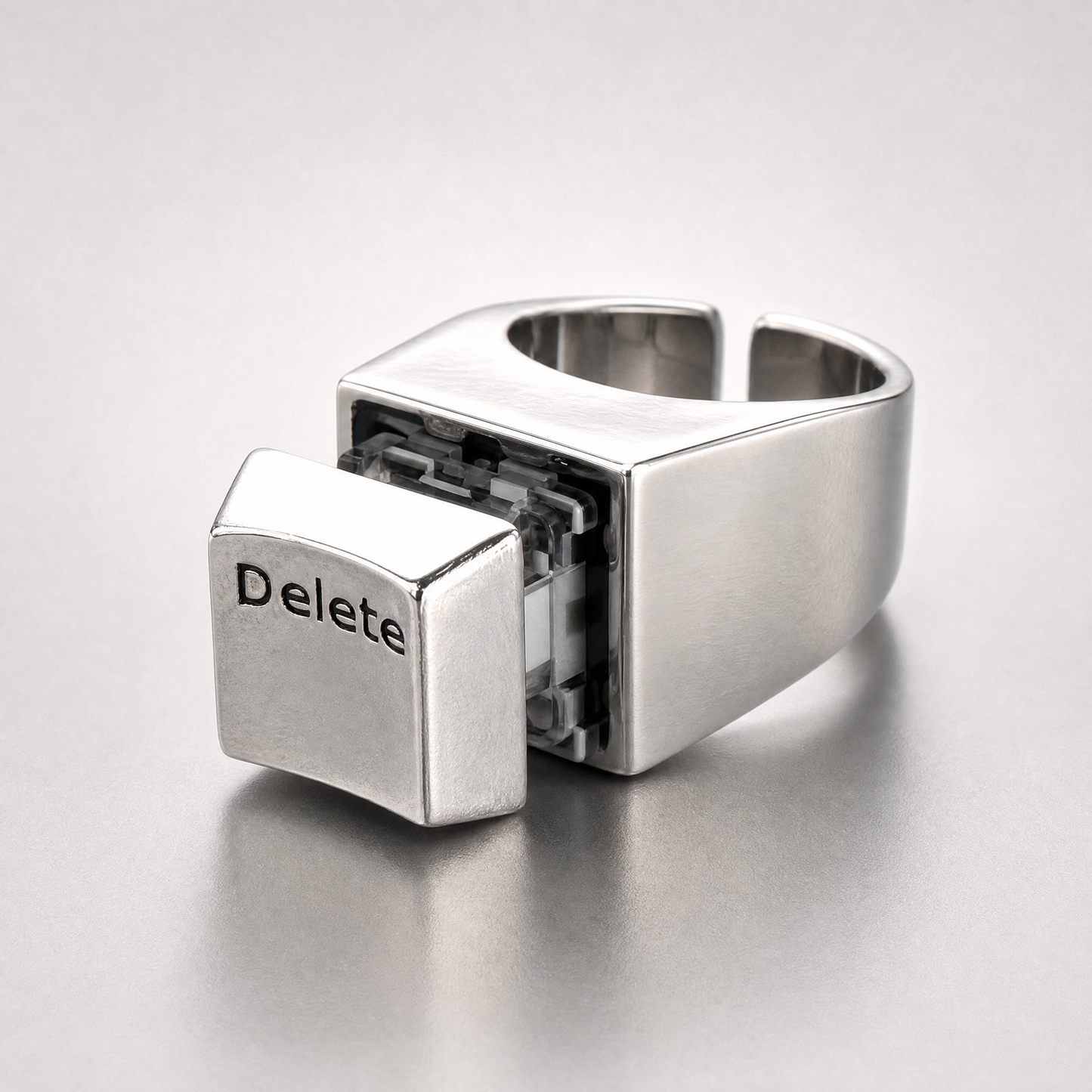Delete Key Oversize Statement Ring | Burnished Silver | Size 8 | Pressable Button