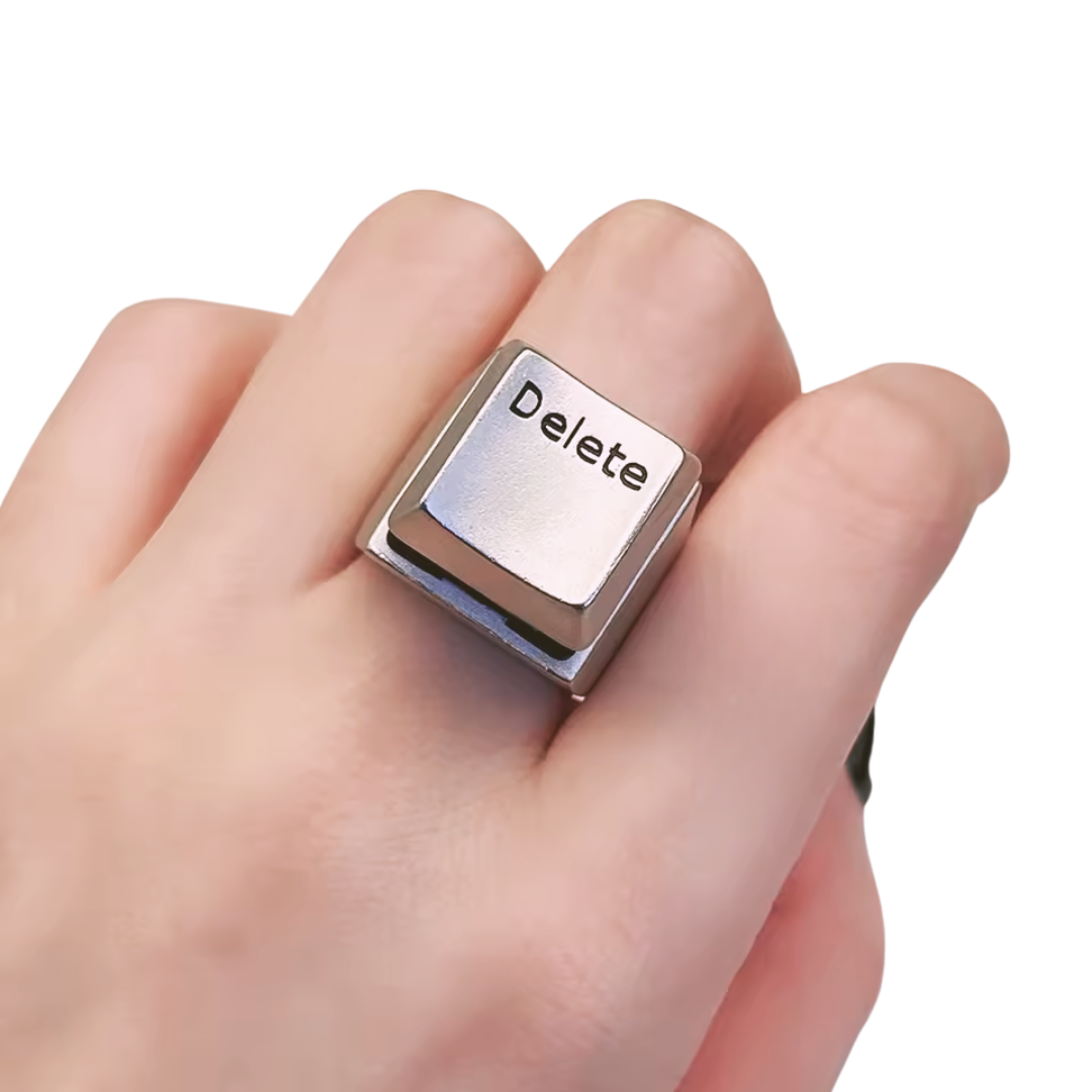 Delete Key Oversize Statement Ring | Burnished Silver | Size 8 | Pressable Button