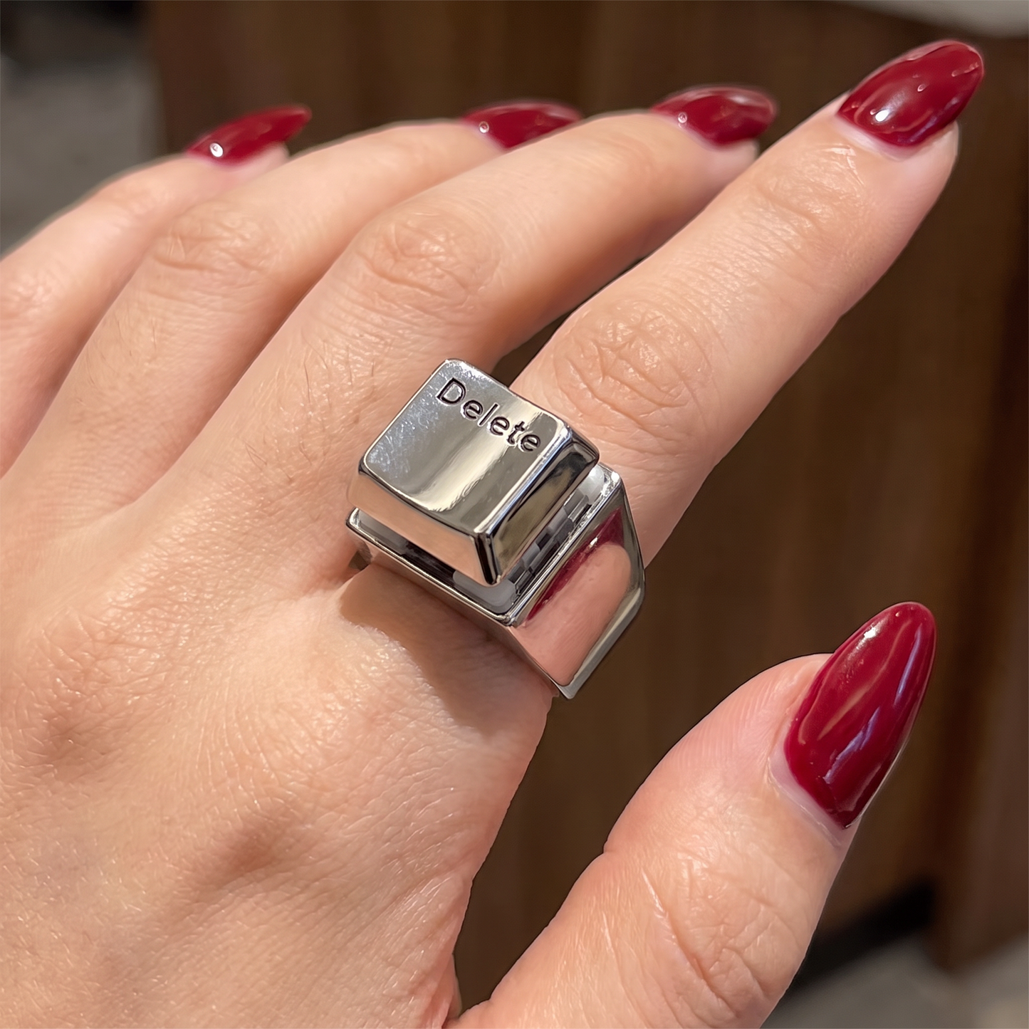 Delete Key Oversize Statement Ring | Burnished Silver | Size 8 | Pressable Button