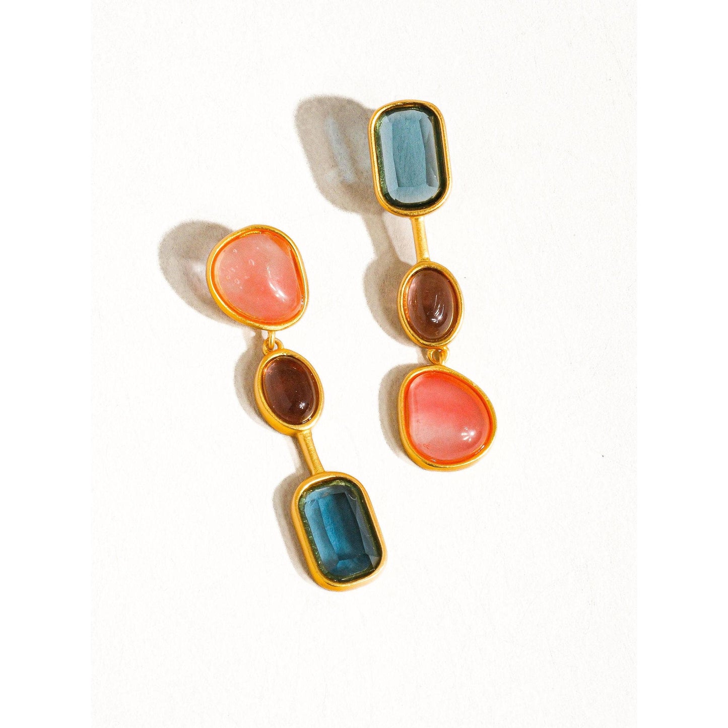 Delia 18K Gold Vintage Mismatch Drop Earrings | Watermelon Tourmaline Glass Statement Earrings