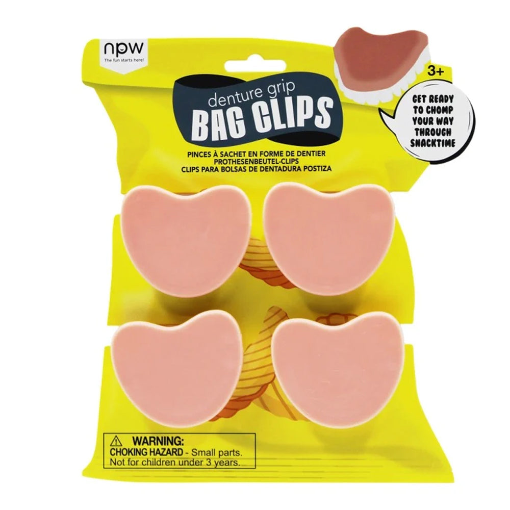 Pack of pink denture grip bag clips with yellow packaging
