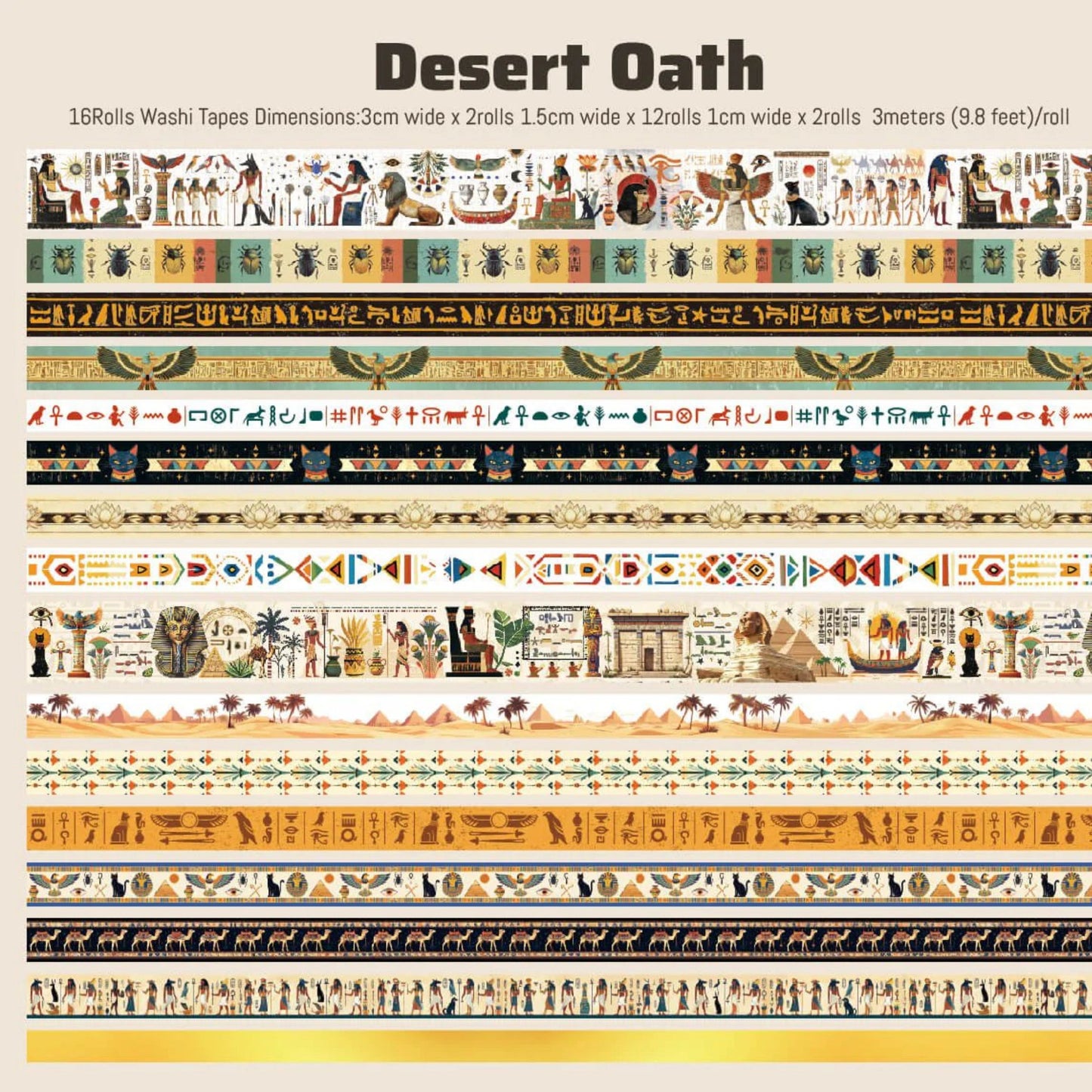 Desert Oath Egyptian Washi Tape Set | 16 Rolls Ancient Egypt Decorative Craft Tape for Journals & Scrapbooking