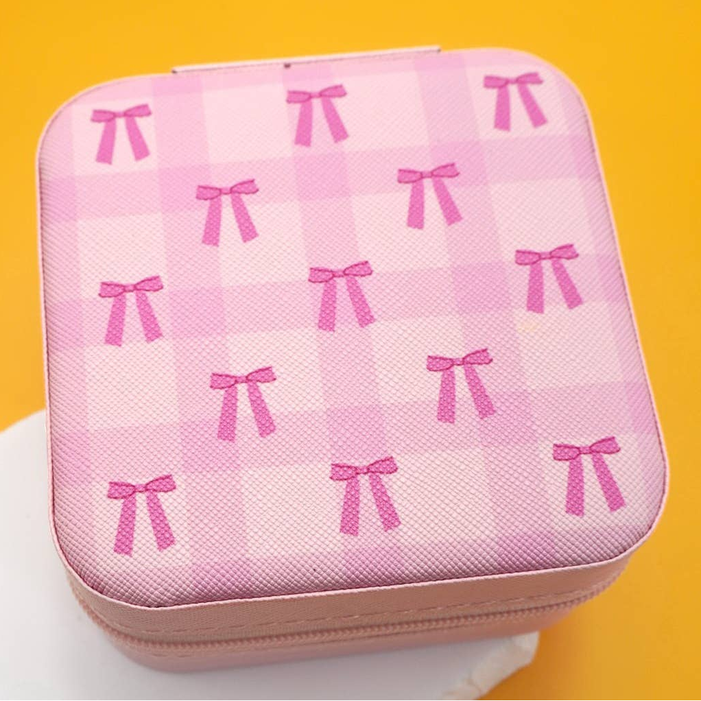 Designed Jewelry Organizer Travel Box Case [Bow Fuchsia or Bow Light Pink]