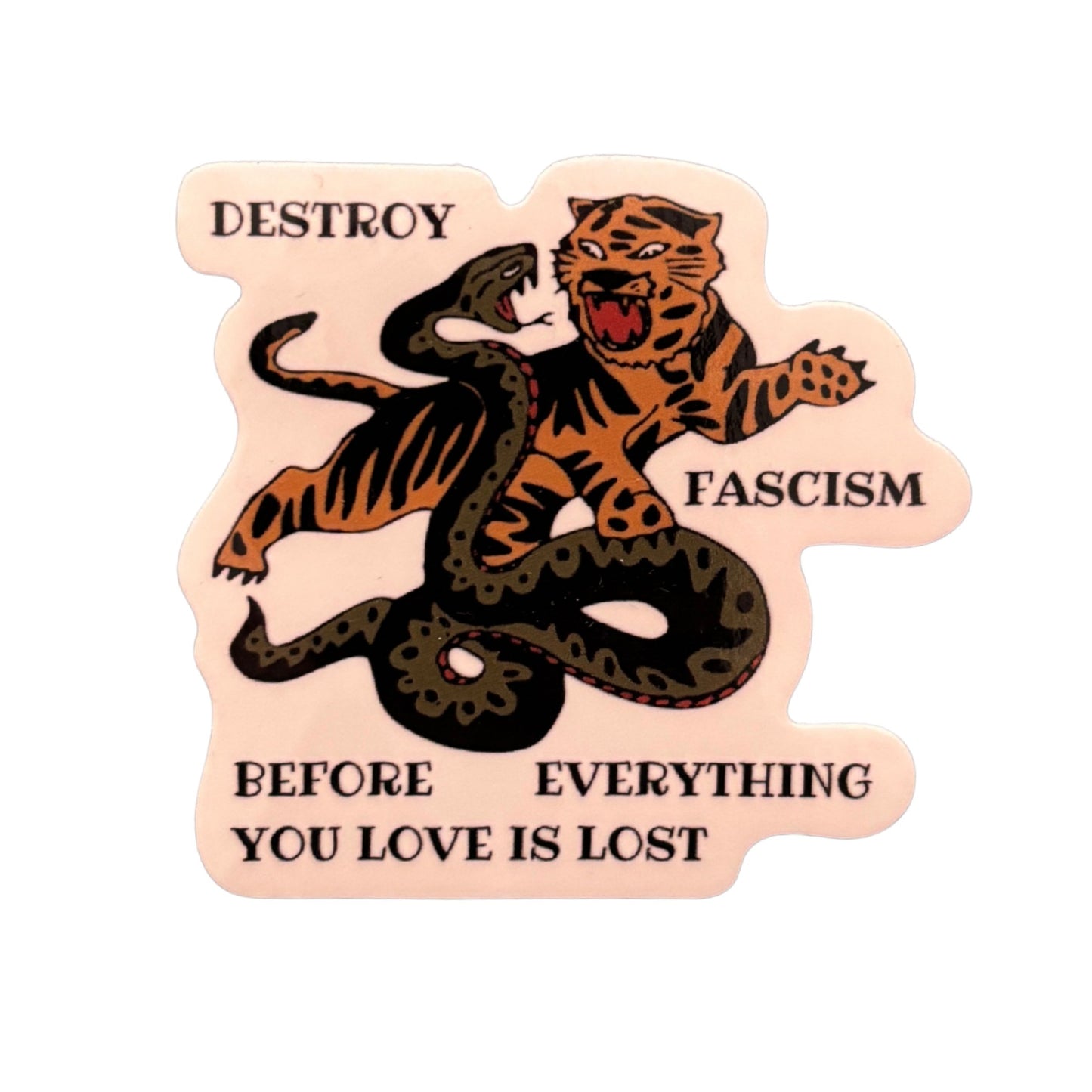 Destroy Fascism Tiger Sticker | Bold Protest Vinyl Decal | Activist Animal Art Sticker